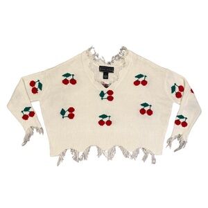 Polly & Esther Cropped Sweater Women’s M Cream Knit Cherries Fringe V-Neck Top
